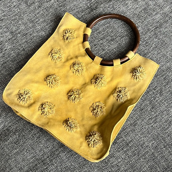 Anthropologie Pom Pom suede leather wooden handles tote, yellow - Picture 2 of 9